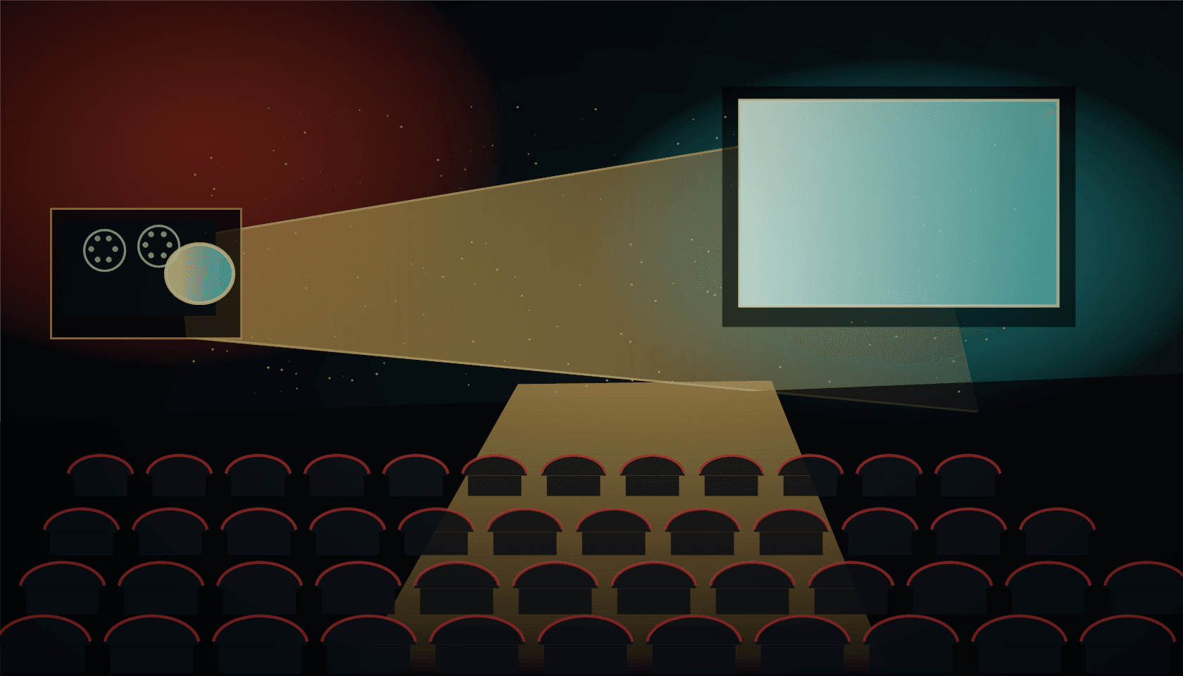 Stylized private cinema with projector beam, screen, and theater seats